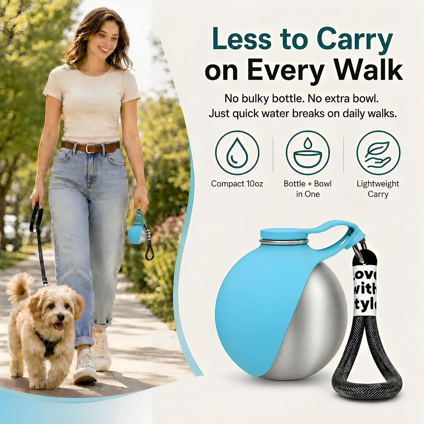 2 in 1 Dog Water Bottle Portable with Bowl, 10Oz Stainless Steel | Leakproof When Closed / Attached Silicone Bowl / Easy to Rinse / for Puppies, Small Dogs & Medium Dogs on Short Walks