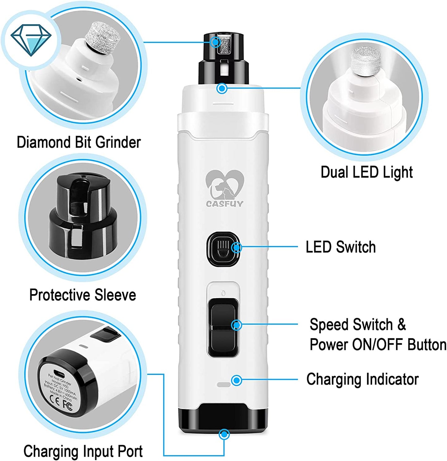 Pawpycat Pro Nail Grinder - Rechargeable Electric Pet Nail Trimmer with LED Light