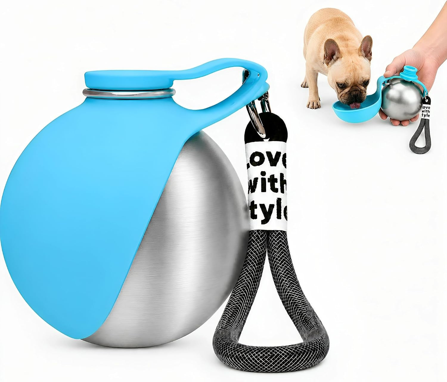 2 in 1 Dog Water Bottle Portable with Bowl, 10Oz Stainless Steel | Leakproof When Closed / Attached Silicone Bowl / Easy to Rinse / for Puppies, Small Dogs & Medium Dogs on Short Walks