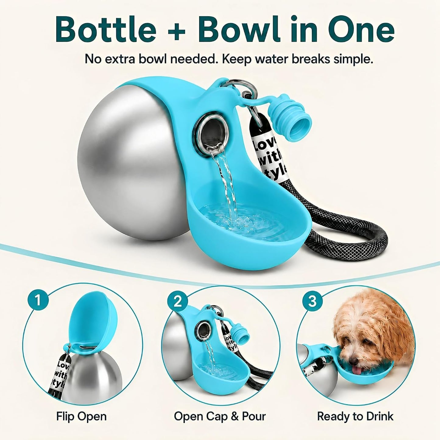 2 in 1 Dog Water Bottle Portable with Bowl, 10Oz Stainless Steel | Leakproof When Closed / Attached Silicone Bowl / Easy to Rinse / for Puppies, Small Dogs & Medium Dogs on Short Walks
