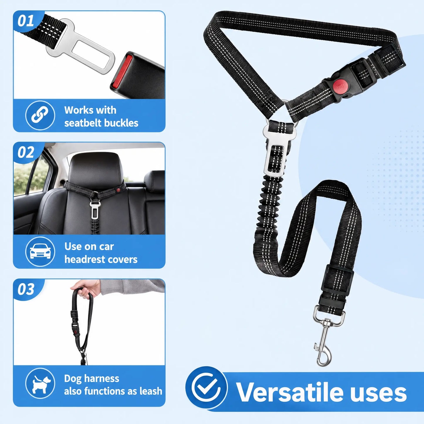 Multifunctional Dog Seat Belt Harness for Car, 3 in 1 Pet Dog Car Seatbelt Leash, Headrest Restraint for Pet Trips, Anti-Shock Seatbelt Connector for All Dog Sizes, High Quality & Adjustable & Convenient & Practical & Comfortable.